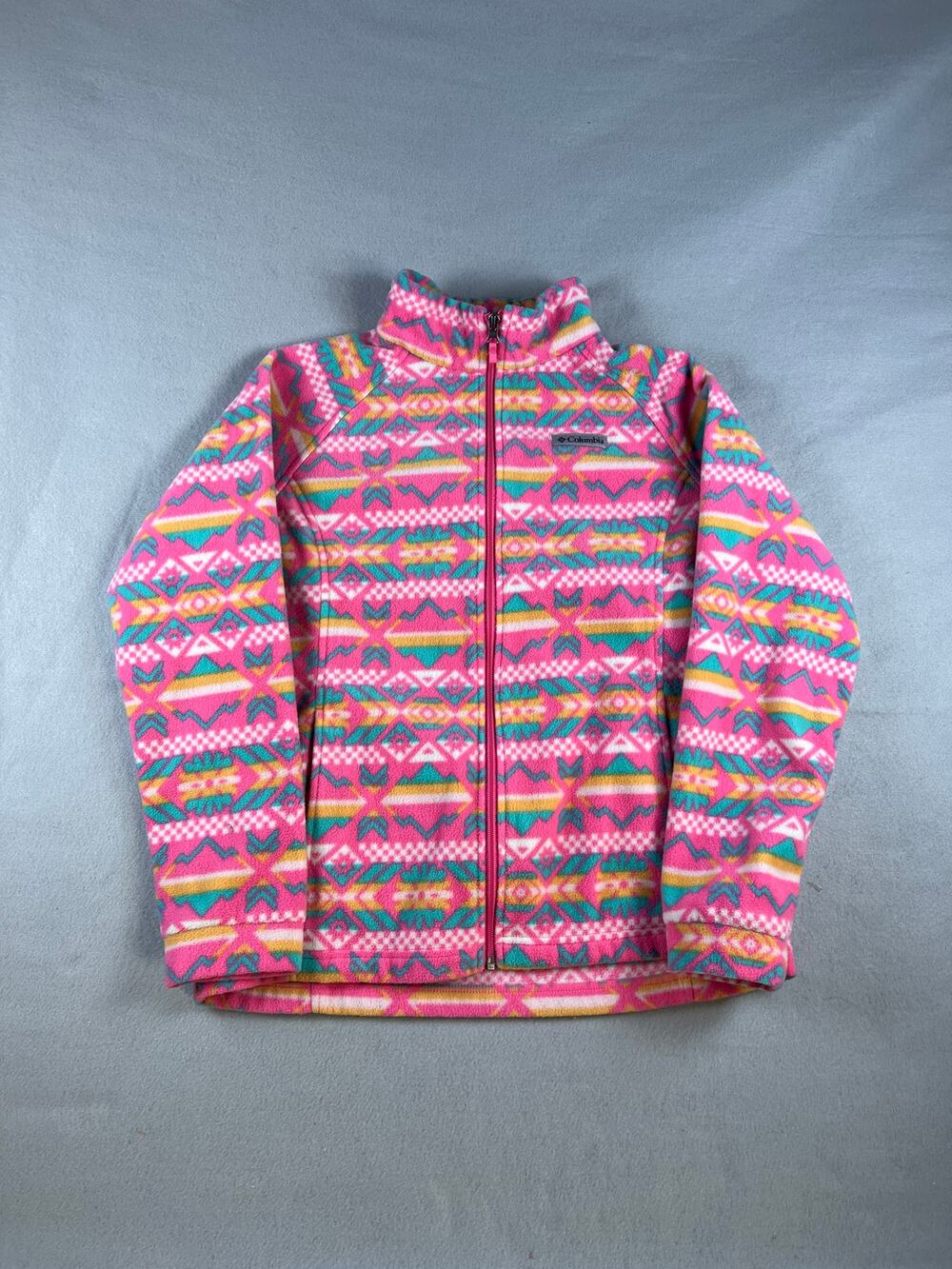 Columbia Fleece Jacket Girl XL Pink Full Zip Geometric Aztec Tribal Print Winter